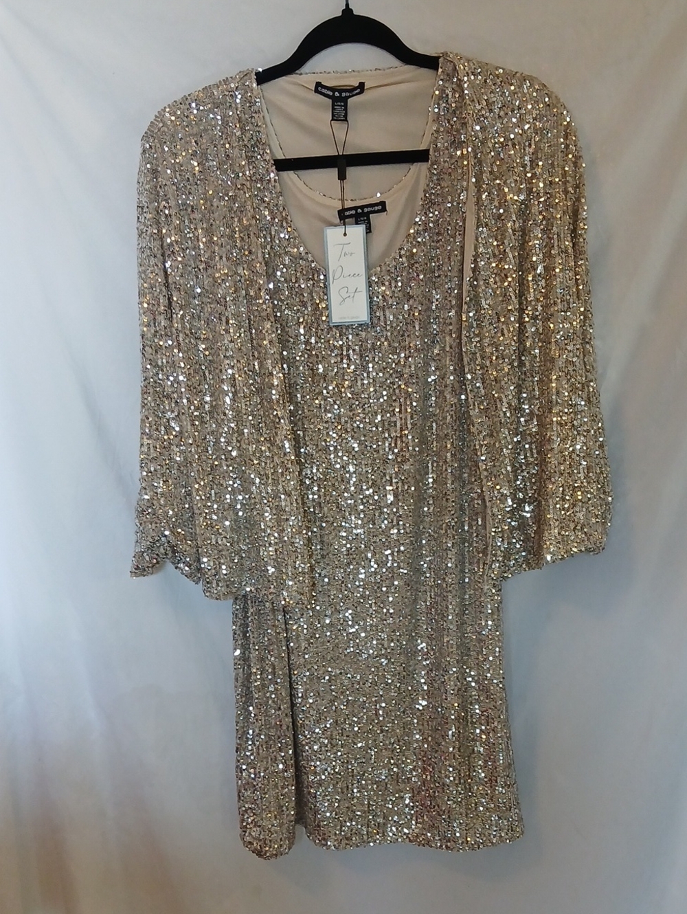 2pc Cable Gauge Champagne Sequin Long Sleeve Shift Dress